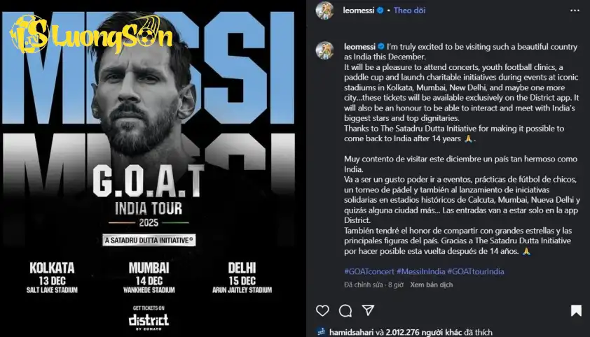 Messi xác nhận sẽ có chuyến du đấu tại Ấn Độ vào tháng 12